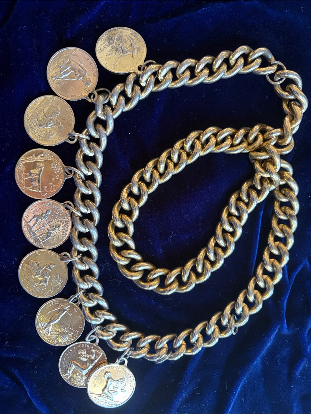 Zodiac Brass Charms on heavy Gold-Tone Chain Necklace